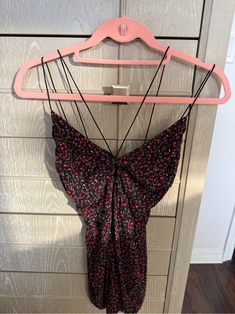 Black Floral Mini Slip Dress with Pink Floral Print
